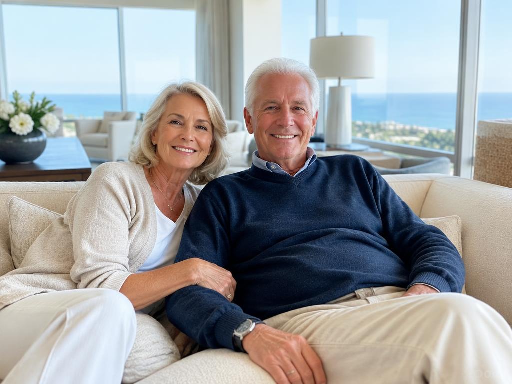 Seniors relaxing in a bright apartment with ocean views